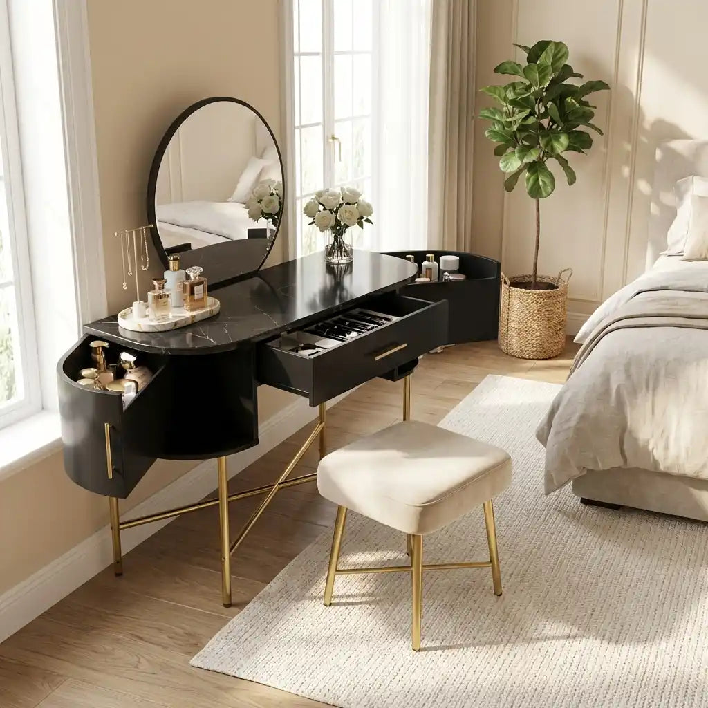 Gigi Black Marble Dressing Table with Mirror and Storage Drawers
