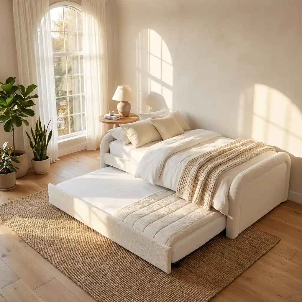 Single Guest Bed with Trundle – Upholstered Day Bed with Curved Headboard, Space Saving Pull Out Bed (CREAM)