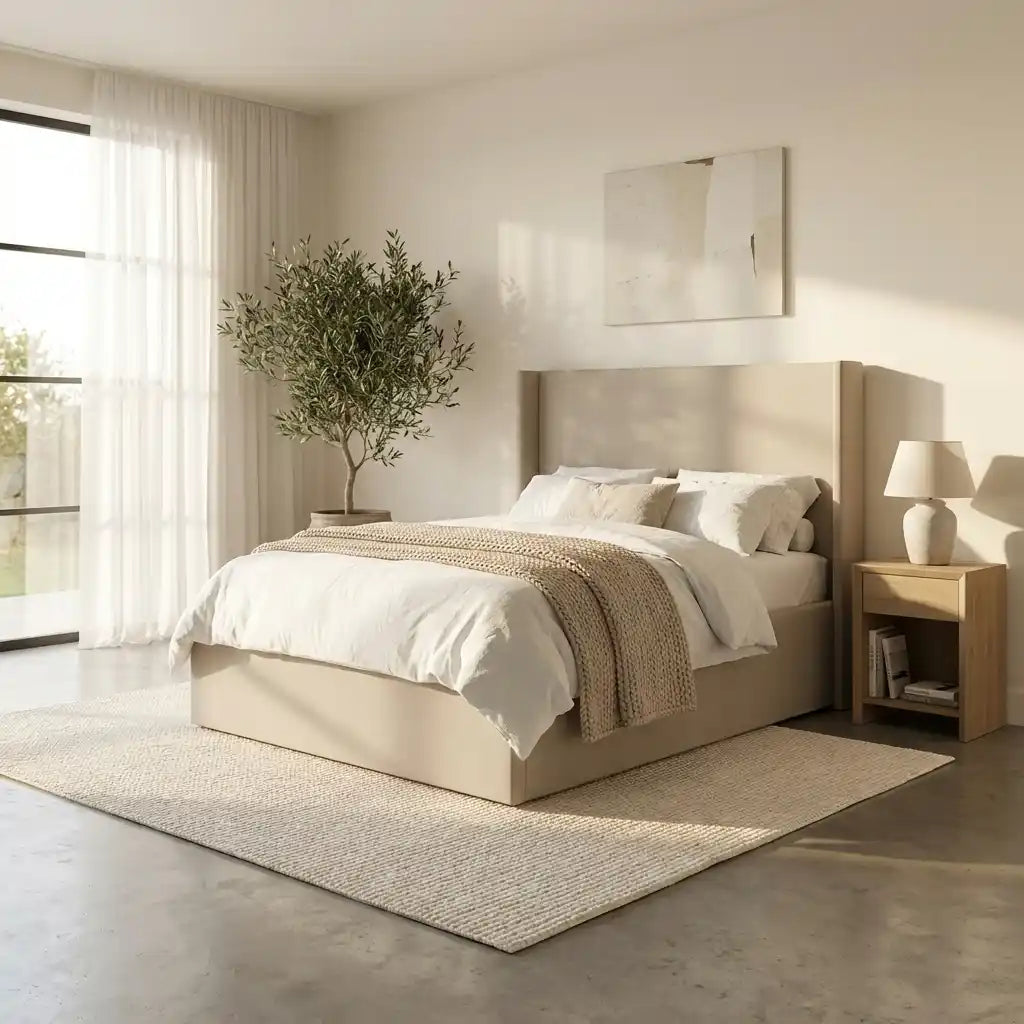 Grey Chenille Double Ottoman Storage Bed with Winged Headboard – Loxley