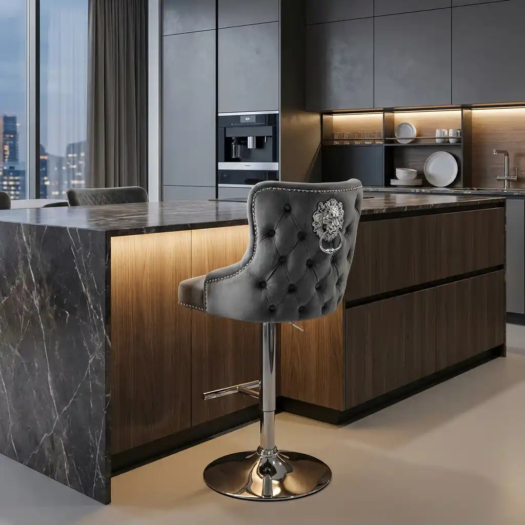 Lewis Velvet Bar Stool with Lion Knocker – Chesterfield Buttoned Bar Chair for Kitchen Island & Breakfast Bar Pair of 2 Stools (Dark Grey)
