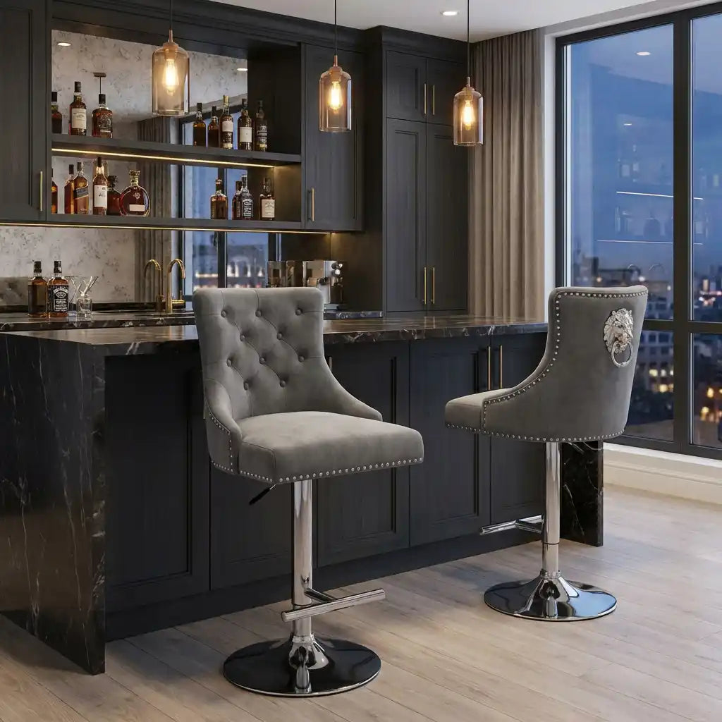 Chelsea Dark Grey Velvet Bar Stool with Chrome Base – Kitchen Breakfast Bar Stool with Lion Head or Ring Knocker Back Pair of 2 (Lionhead Knocker)
