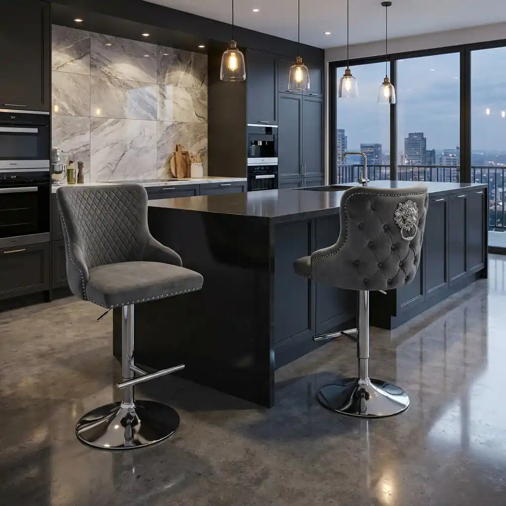 Lewis Velvet Bar Stool with Lion Knocker – Chesterfield Buttoned Bar Chair for Kitchen Island & Breakfast Bar Pair of 2 Stools (Dark Grey)