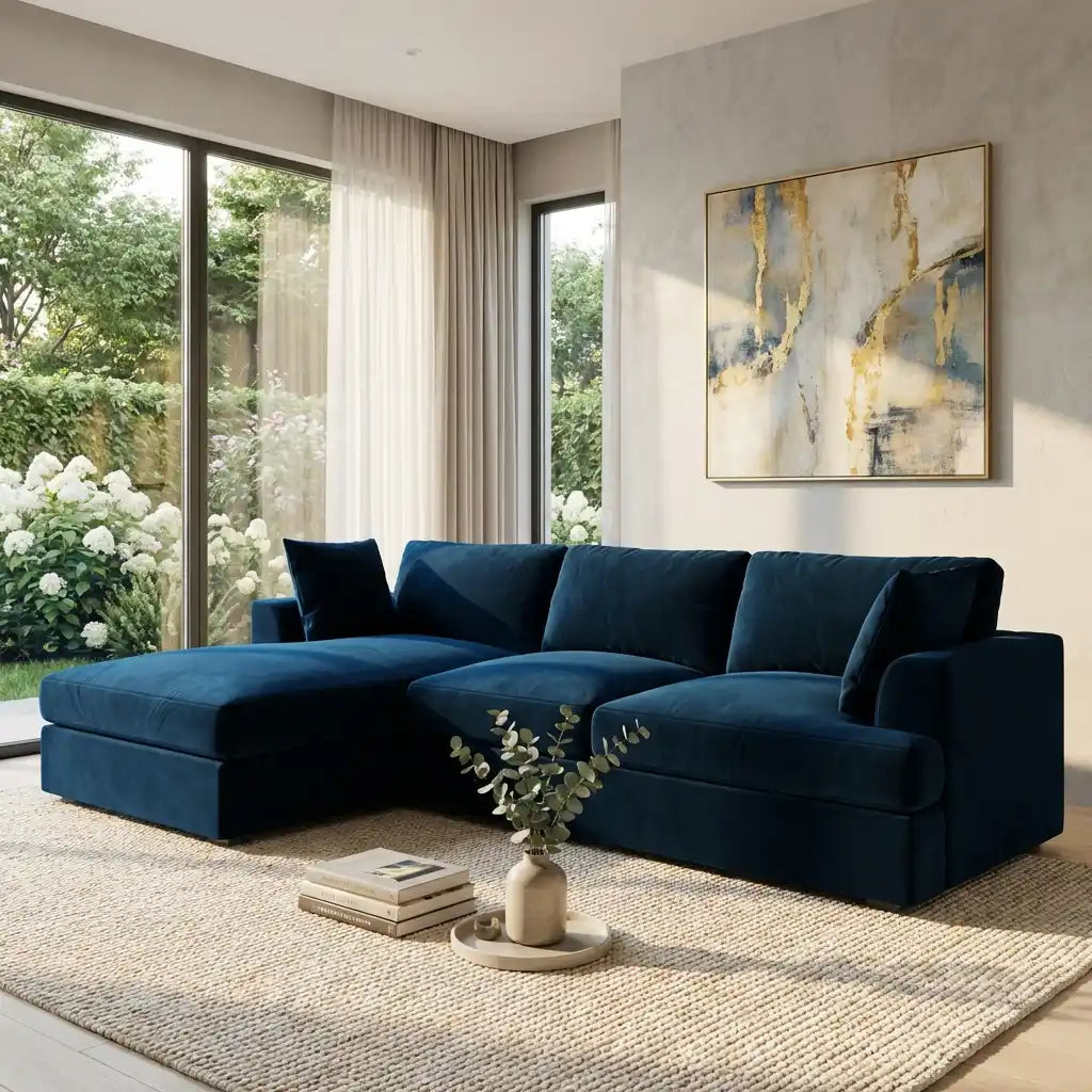 Navy Blue Velvet 4 Seater Left Hand Chaise Corner Sofa