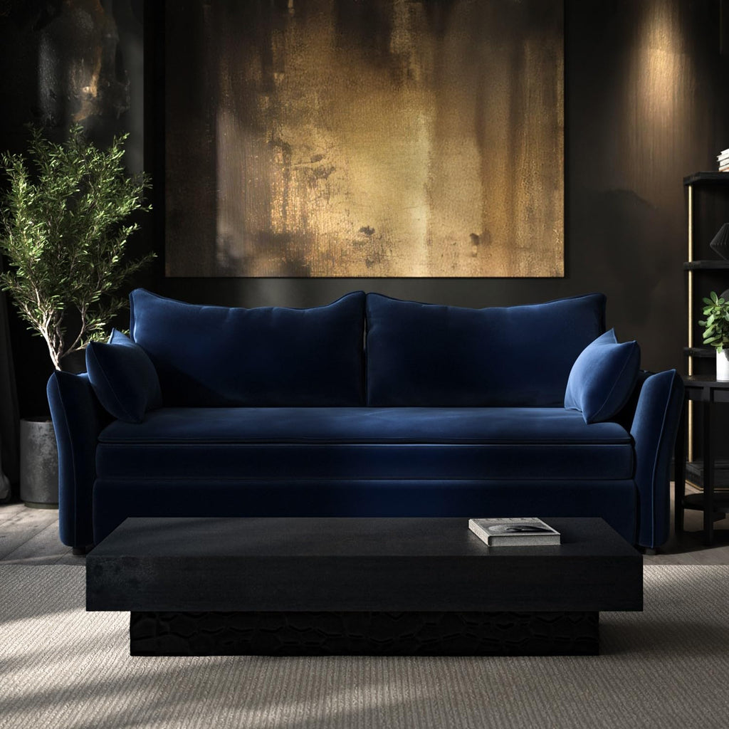 3 Seater Velvet Sofa Bed – Pull-Out Futon with Storage, Memory Foam Mattress & Cushions – Bed Sleeper in Navy and Green – Compact Sofa for Living Room or Guest Room