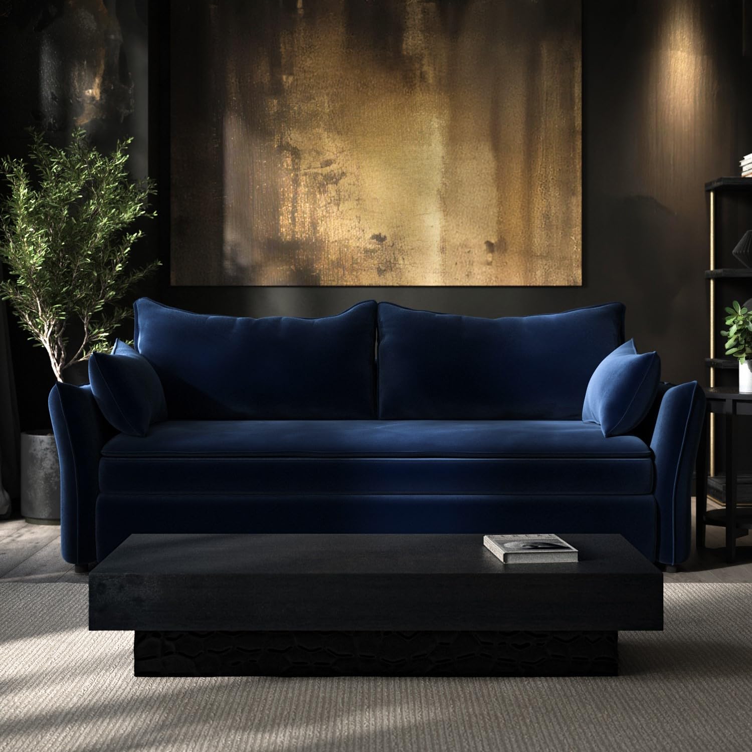 3 Seater Velvet Sofa Bed – Pull-Out Futon with Storage, Memory Foam Mattress & Cushions – Bed Sleeper in Navy and Green – Compact Sofa for Living Room or Guest Room