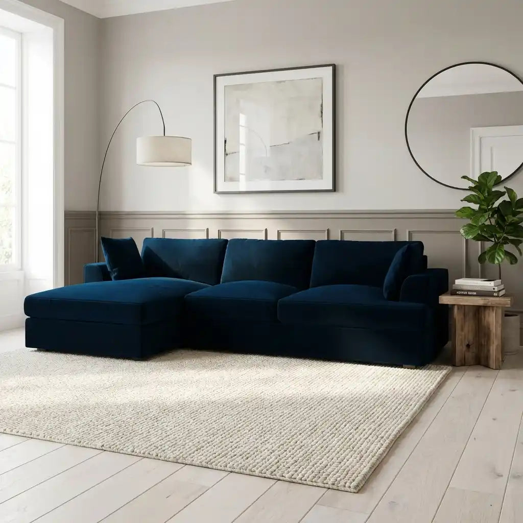 Navy Blue Velvet 4 Seater Left Hand Chaise Corner Sofa