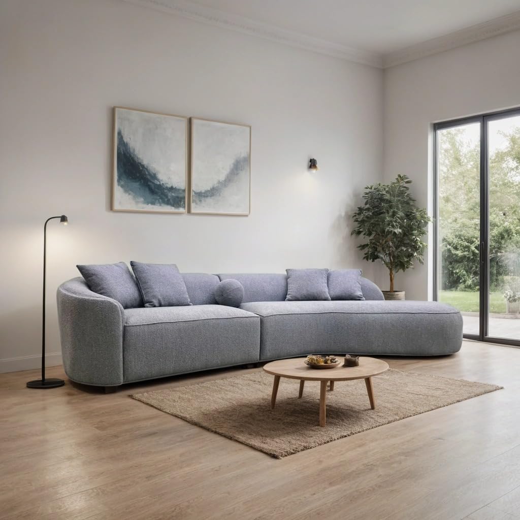 Pebble 3 Seater Boucle Sofa in Grey – Modern Curved Sofa for Living Room, Stylish Textured Fabric Couch for Comfort & Elegance