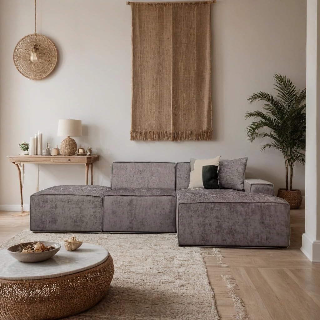 Modular Corner Sofa – Dark Grey Sectional Chaise with Stool 3-Seater Modular Sofa for Living Room or Small Spaces