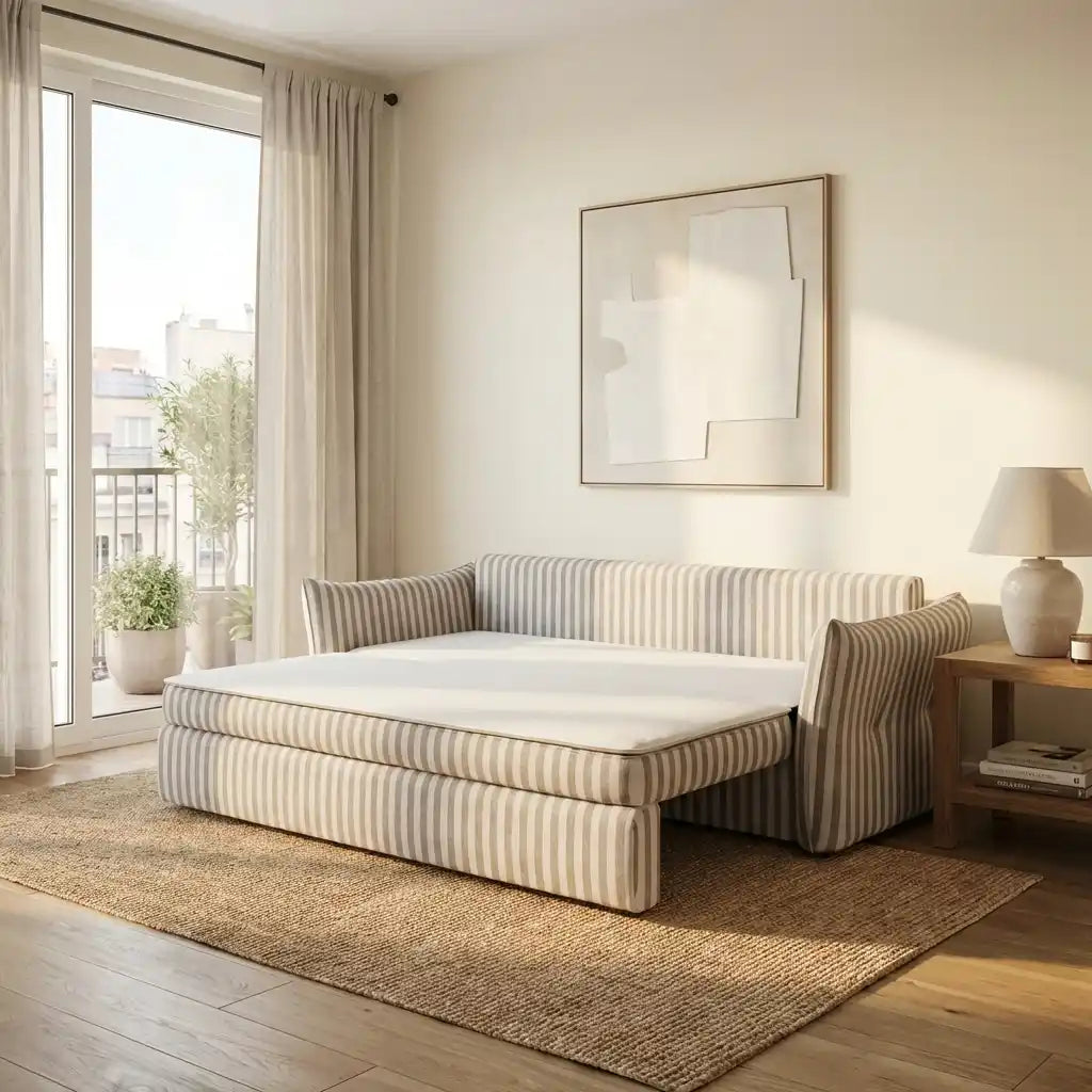 3 Seater Sofa Bed in Beige Striped Chenille with Storage