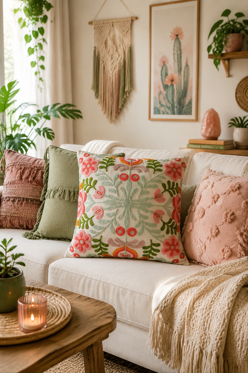 Colorful Flower Embroidery Throw Pillow Cover