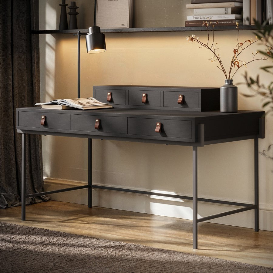 Black Wood Desk with Drawers – Modern Computer Desk for Home Office & Study