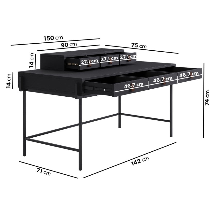 Black Wood Desk with Drawers – Modern Computer Desk for Home Office & Study