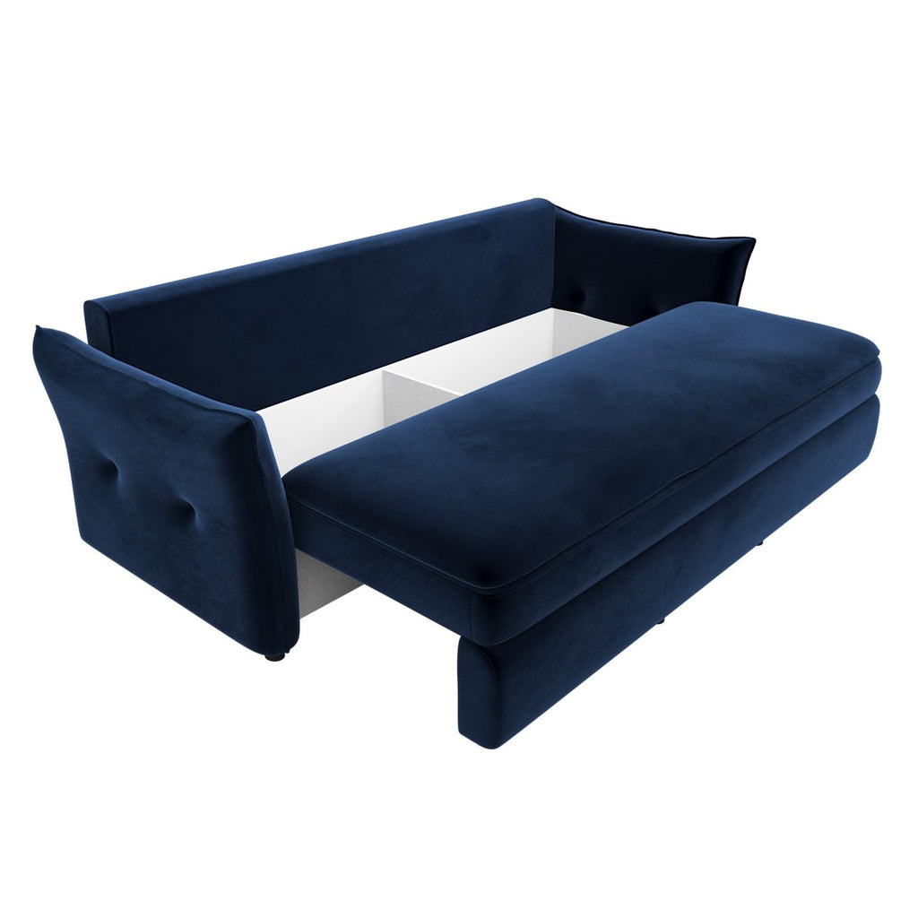 3 Seater Velvet Sofa Bed – Pull-Out Futon with Storage, Memory Foam Mattress & Cushions – Bed Sleeper in Navy and Green – Compact Sofa for Living Room or Guest Room