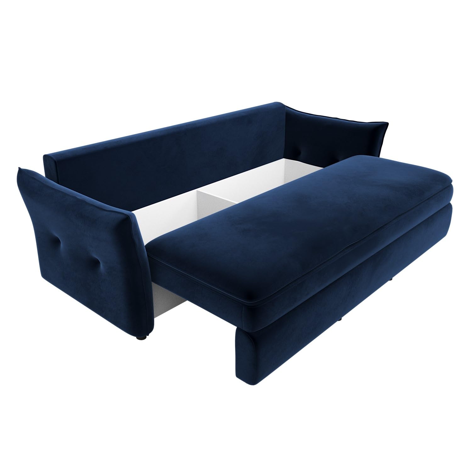 3 Seater Velvet Sofa Bed – Pull-Out Futon with Storage, Memory Foam Mattress & Cushions – Bed Sleeper in Navy and Green – Compact Sofa for Living Room or Guest Room