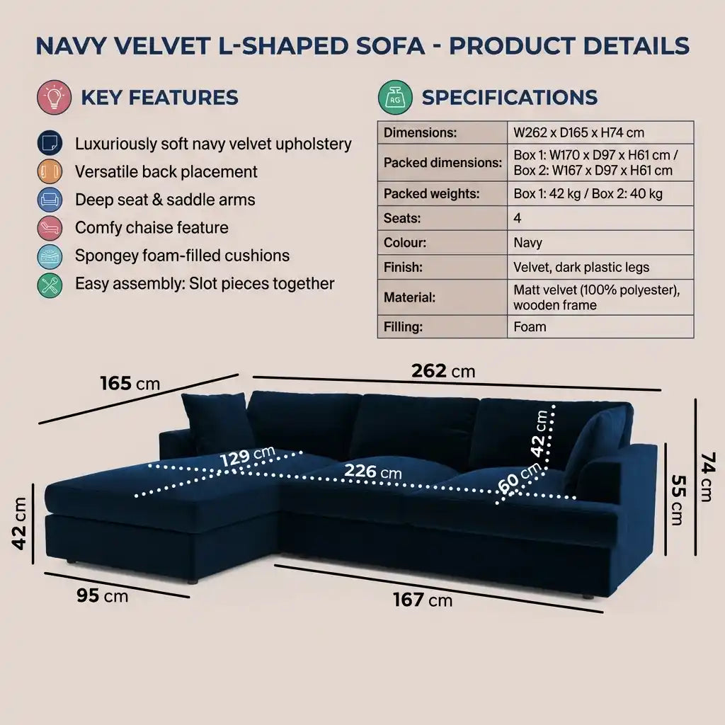 Navy Blue Velvet 4 Seater Left Hand Chaise Corner Sofa