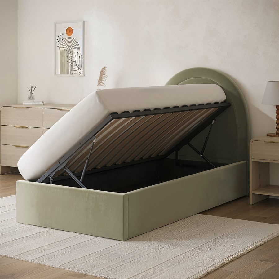 Velvet Single Side Lift Ottoman Bed with Curved Headboard Space-Saving Storage Bed UK