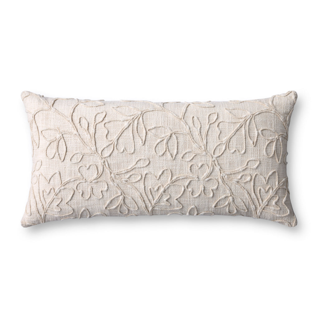 Loloi PLL0127 Natural Botanical Embroidered Cotton Lumbar Throw Pillow