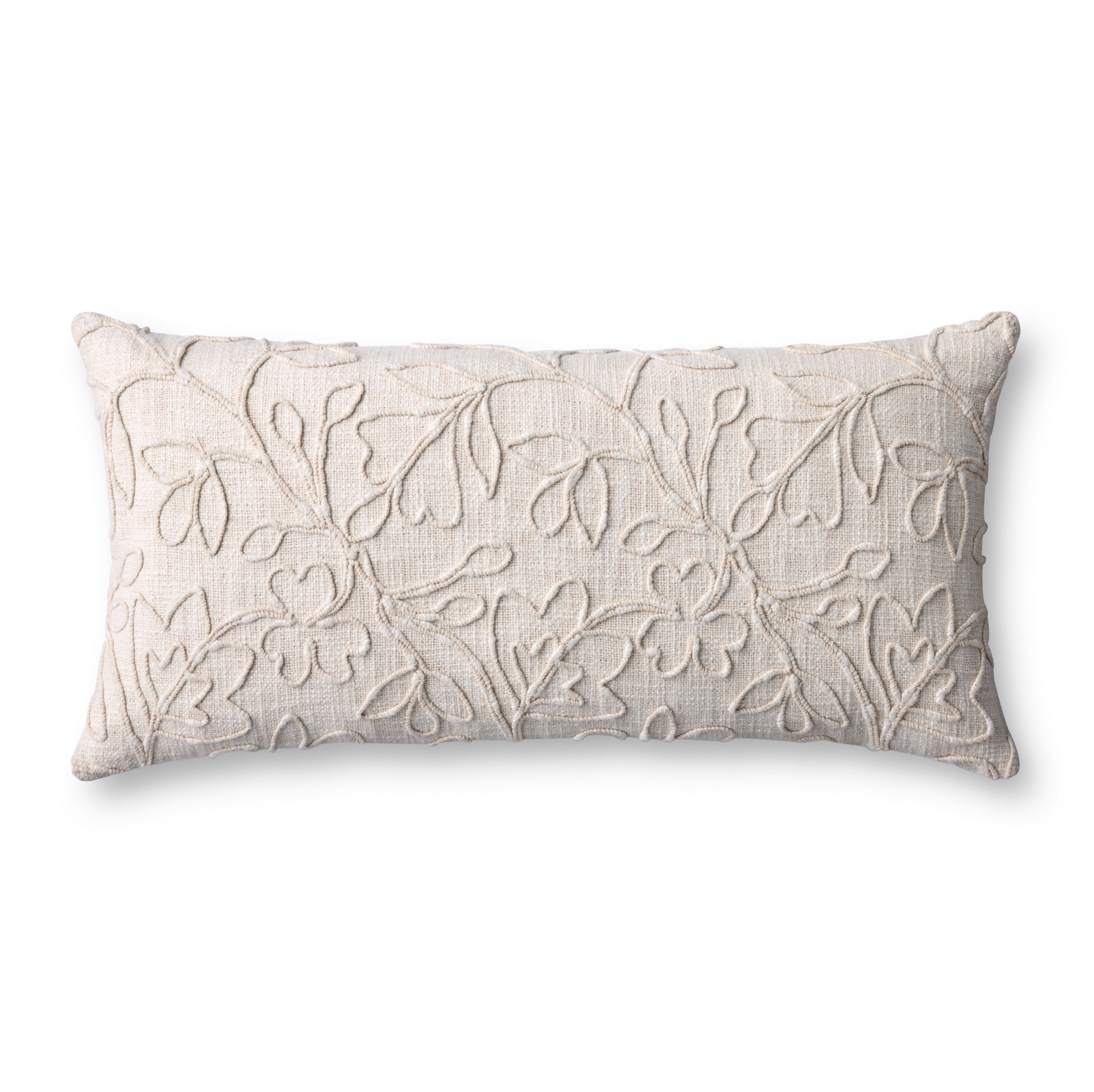 Loloi PLL0127 Natural Botanical Embroidered Cotton Lumbar Throw Pillow