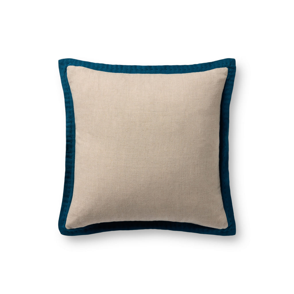 Loloi PLL0197 Linen Throw Pillow with Blue Cotton Flange Edge
