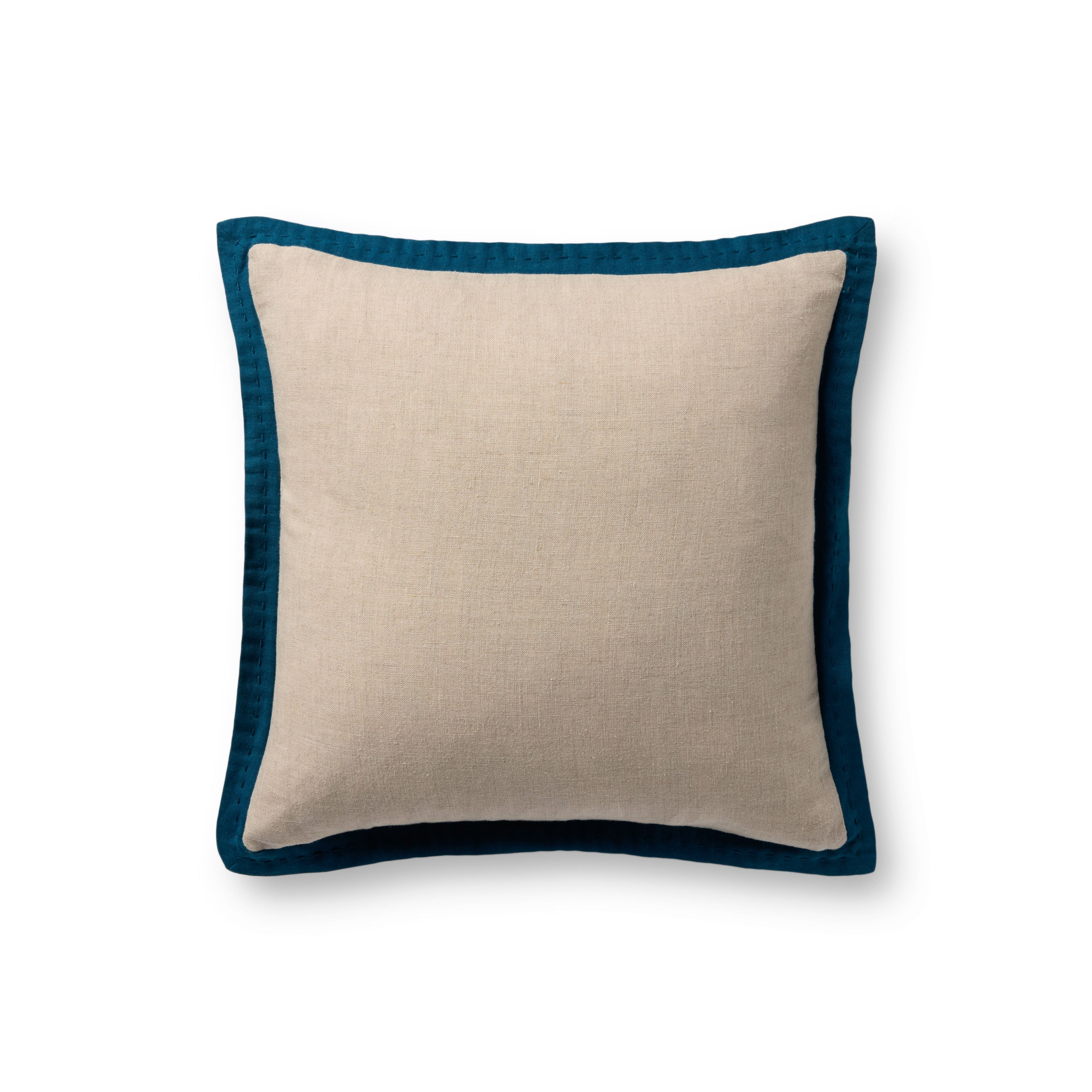 Loloi PLL0197 Linen Throw Pillow with Blue Cotton Flange Edge