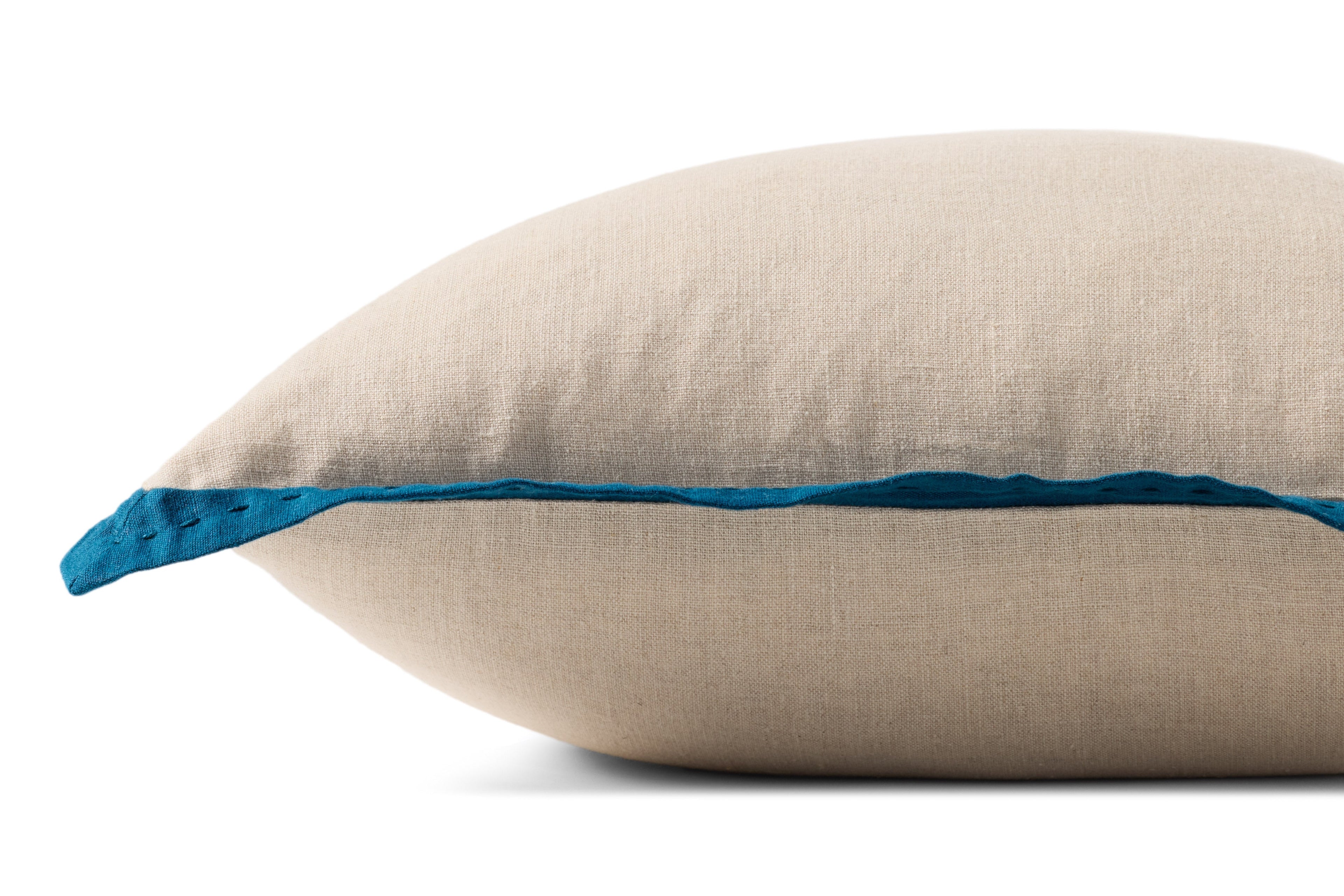 Loloi PLL0197 Linen Throw Pillow with Blue Cotton Flange Edge