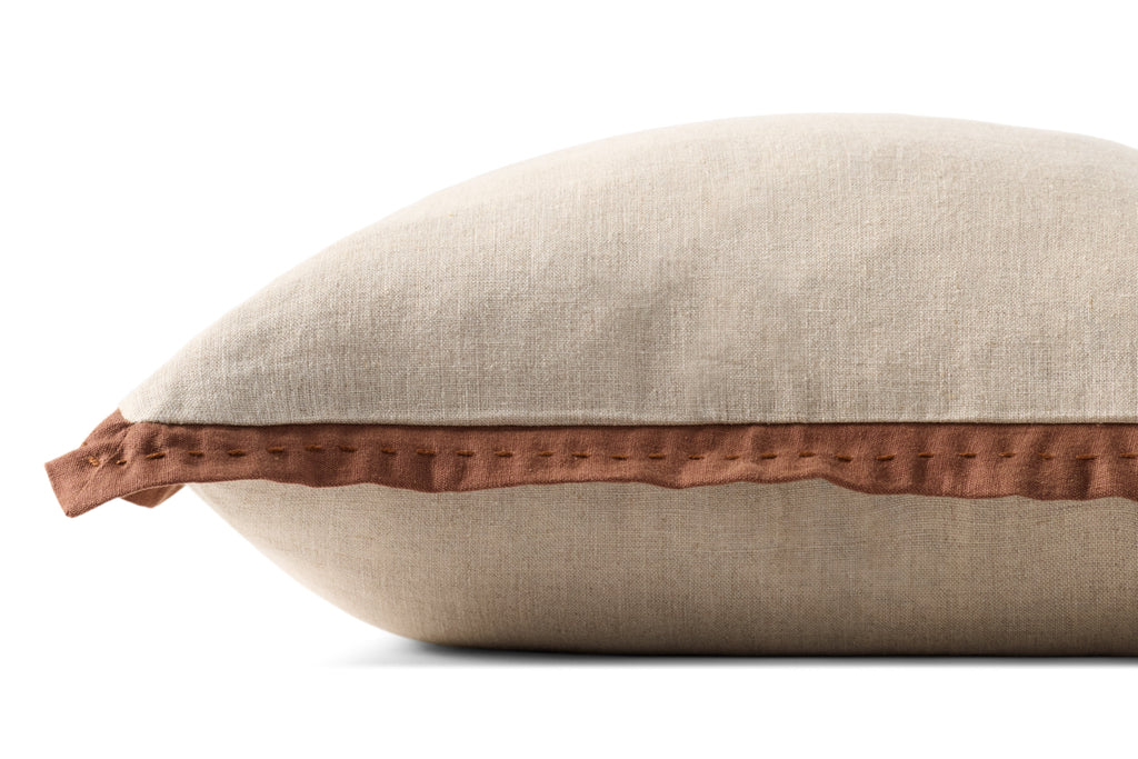 Loloi PLL0197 Linen Throw Pillow with Blue Cotton Flange Edge