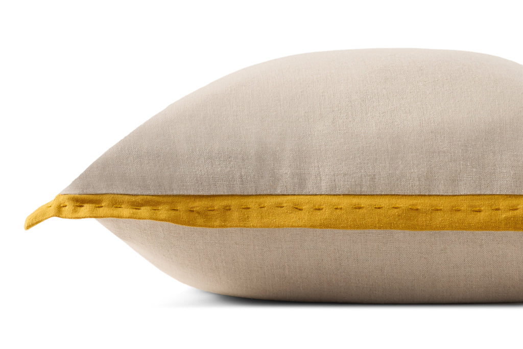 Loloi PLL0197 Linen Throw Pillow with Blue Cotton Flange Edge
