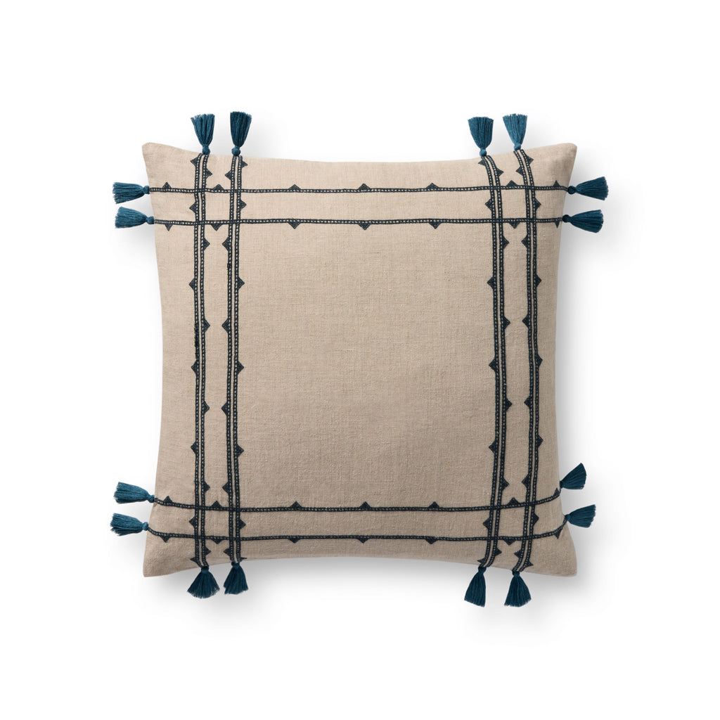 Loloi PLL0201 Stitched Stripe Linen Throw Pillow with Corner Tassels