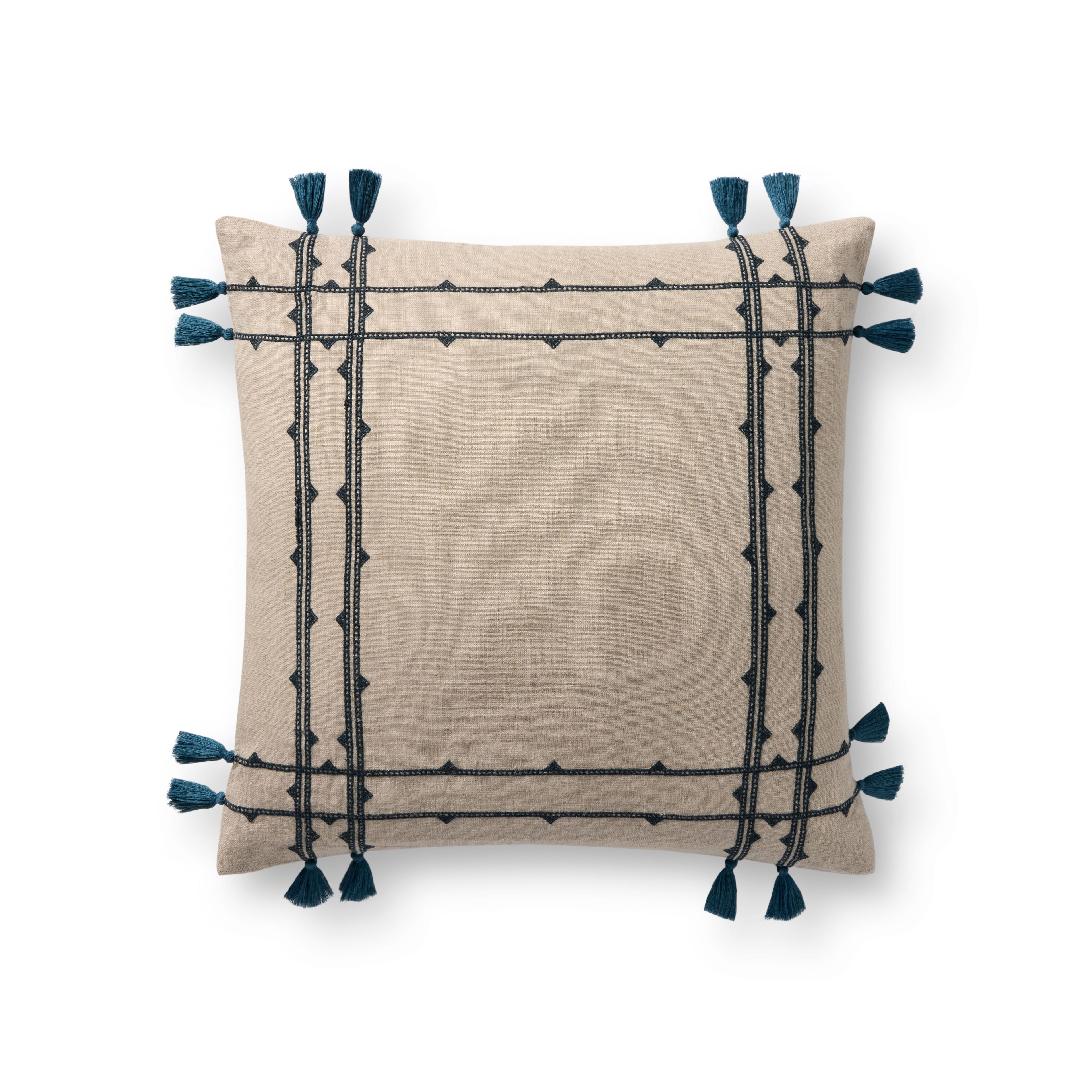 Loloi PLL0201 Stitched Stripe Linen Throw Pillow with Corner Tassels