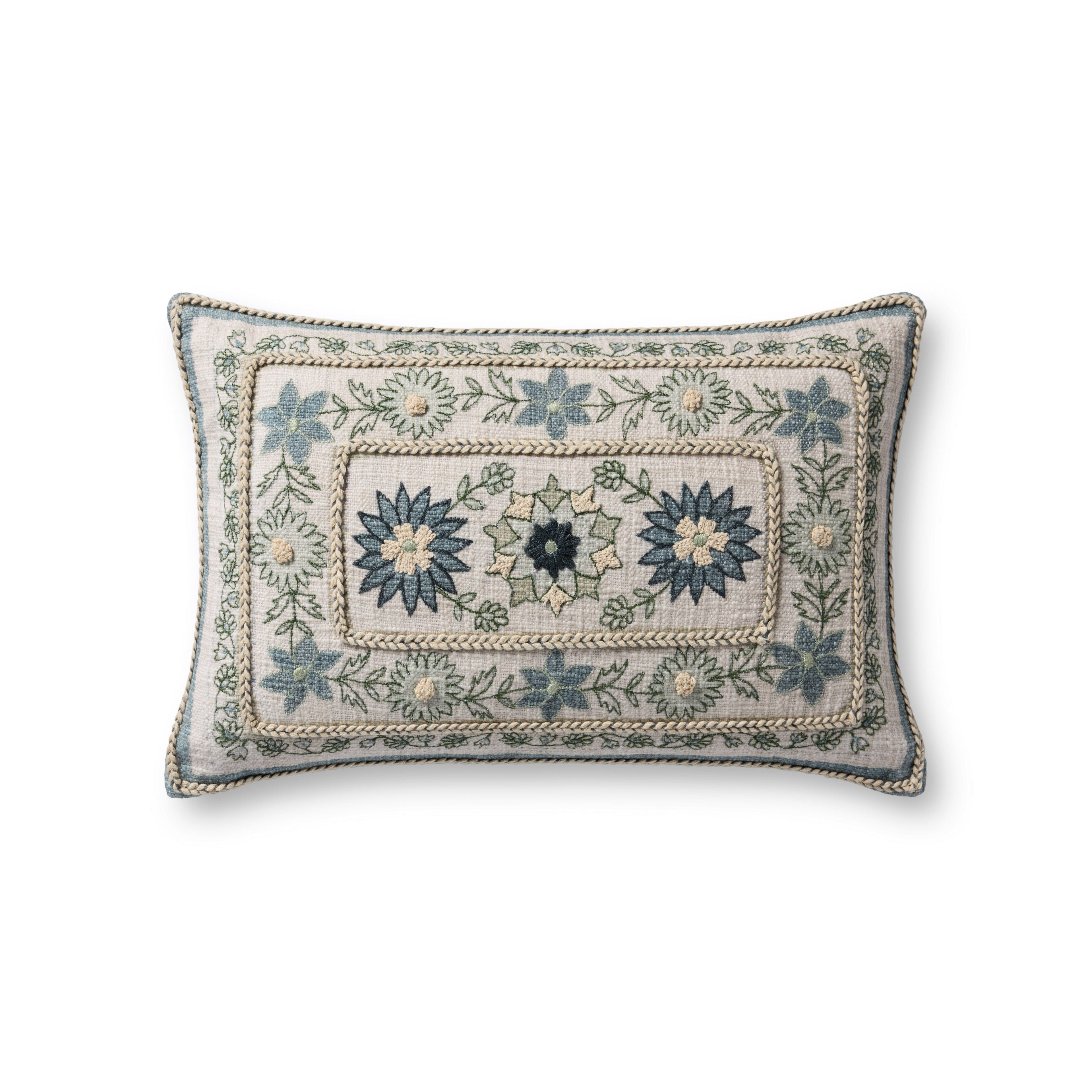Loloi PLL0158 Floral Embroidered Cotton Lumbar Throw Pillow