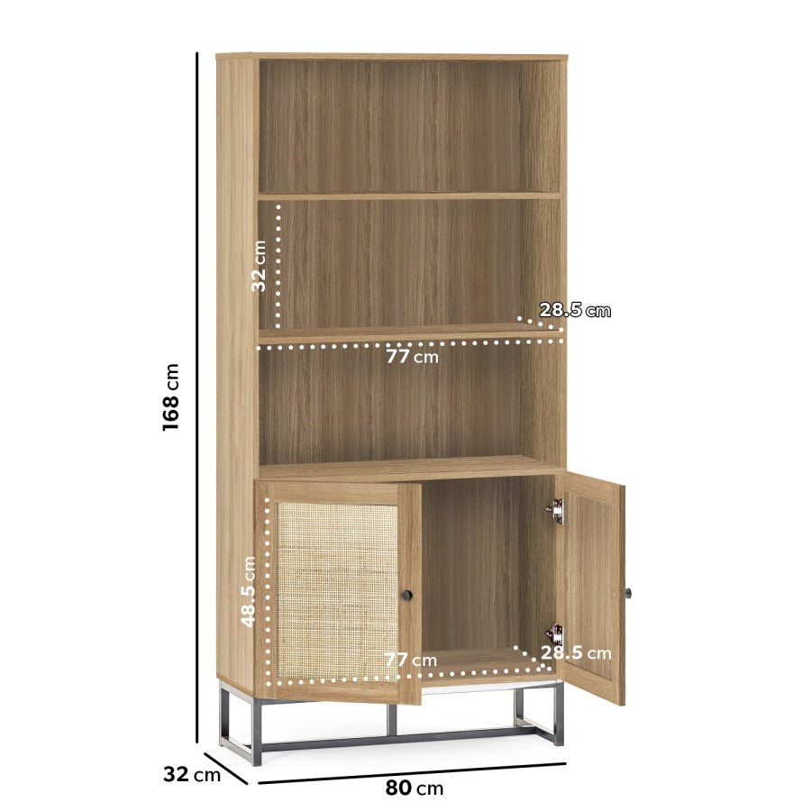 Tall Oak Bookcase with Rattan Doors3 Shelf Wooden Storage Cabinet for Modern UK Homes