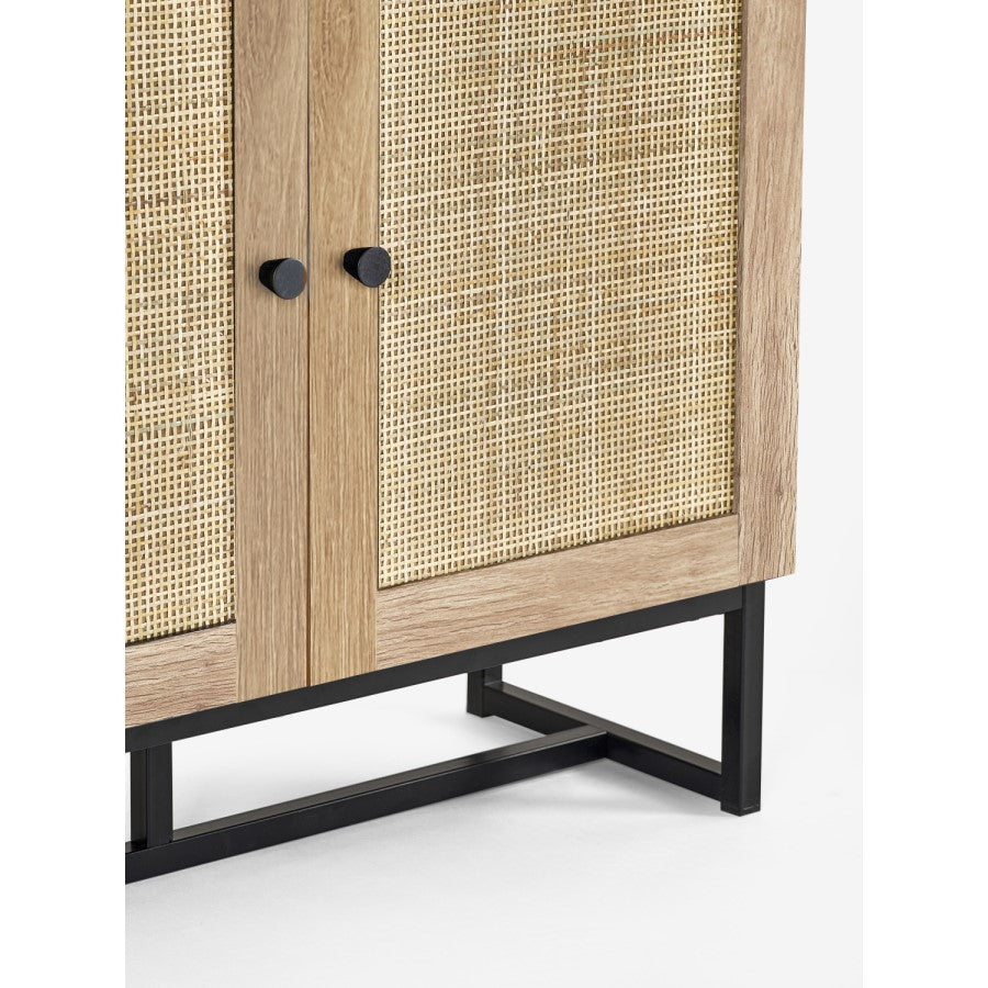 Tall Oak Bookcase with Rattan Doors3 Shelf Wooden Storage Cabinet for Modern UK Homes