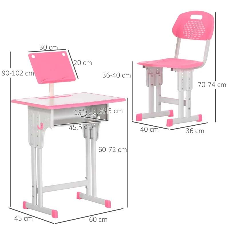 Pink Height Adjustable Kids Desk and Chair Set – 2 Piece Study Table for Children’s Bedroom or Homework Station