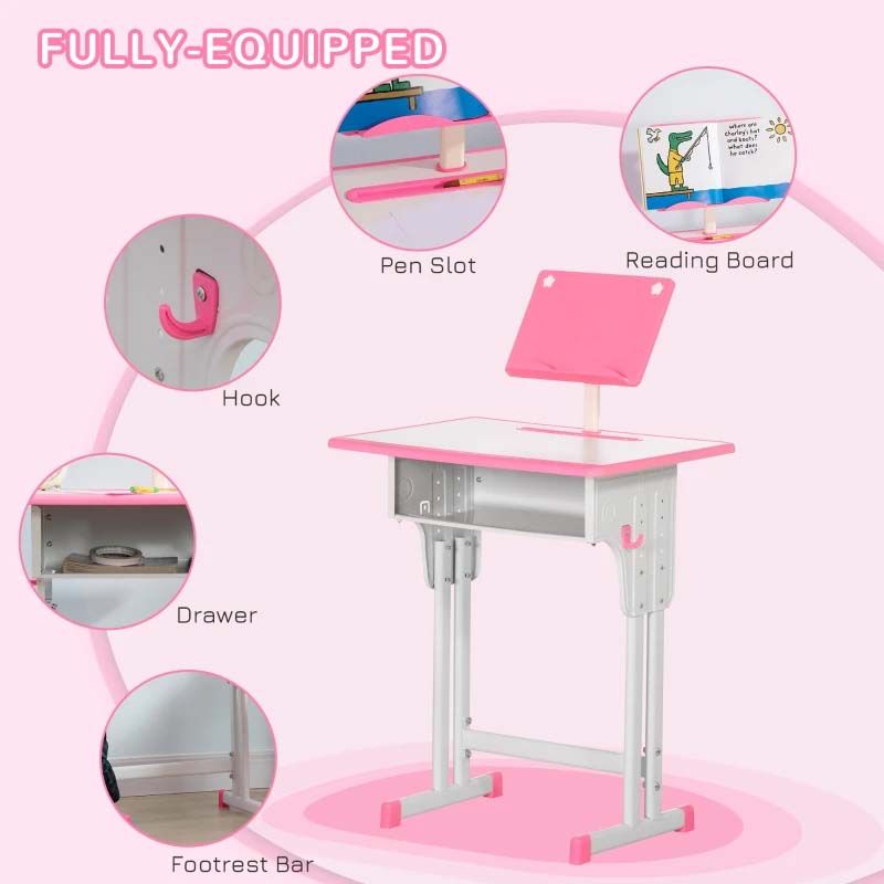 Pink Height Adjustable Kids Desk and Chair Set – 2 Piece Study Table for Children’s Bedroom or Homework Station