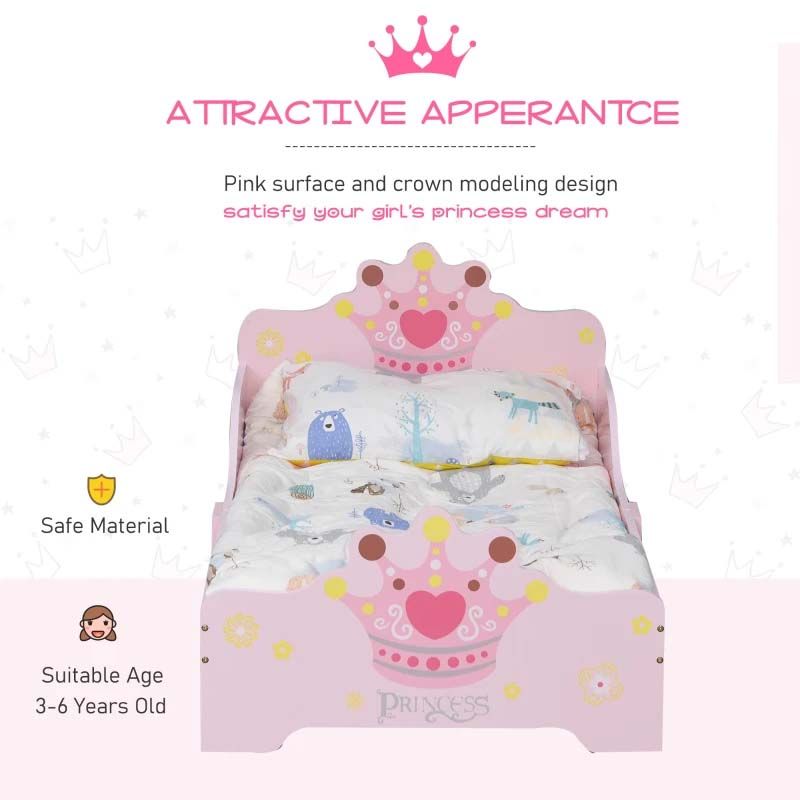 Princess Pink Wooden Toddler Bed – Crown Design Girls Bed Frame for Kids Bedroom