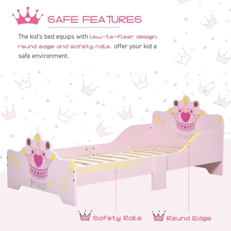 Princess Pink Wooden Toddler Bed – Crown Design Girls Bed Frame for Kids Bedroom