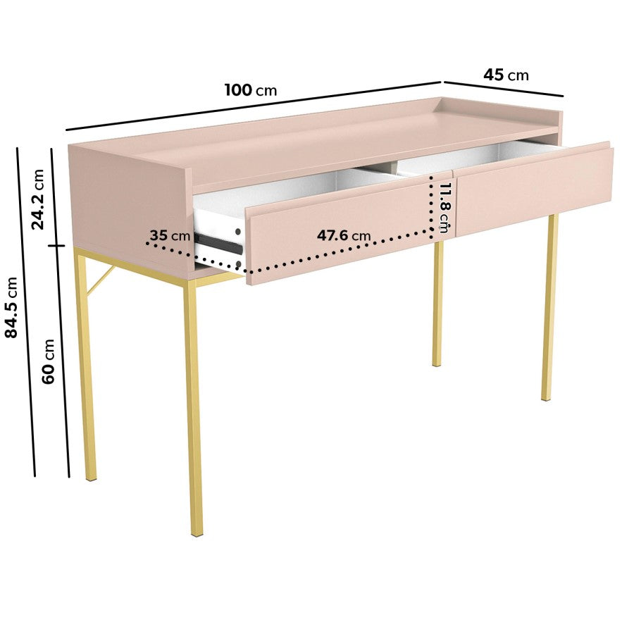 Blush Pink Dressing Table with Gold Legs – Modern Wooden Console Desk with Drawers for Bedroom or Vanity Area