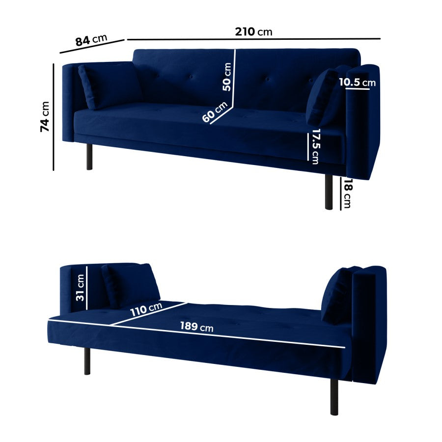 Navy Velvet Click Clack Sofa Bed 3 Seater  Modern Space-Saving Sofa UK