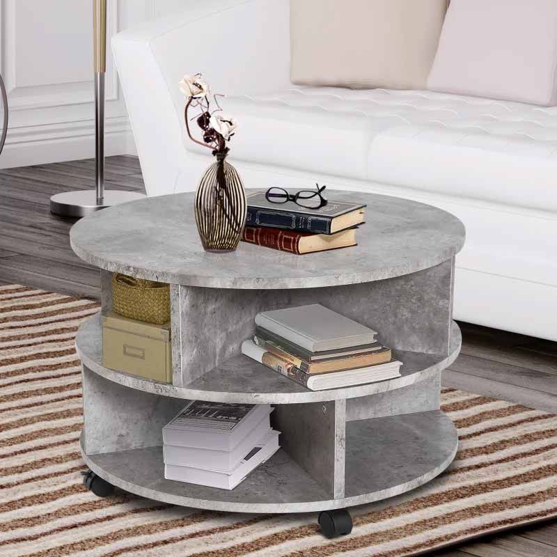 Tier Round Side End Table with Shelves & Wheels  Cement Grey Modern Table UK