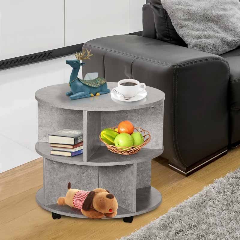 Tier Round Side End Table with Shelves & Wheels  Cement Grey Modern Table UK