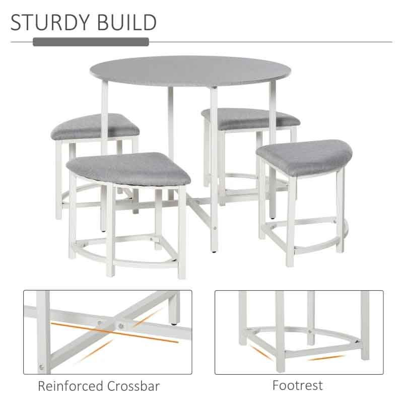 Round Dining Table with 4 Upholstered Stools – 900mm Compact White & Grey Dining Set UK