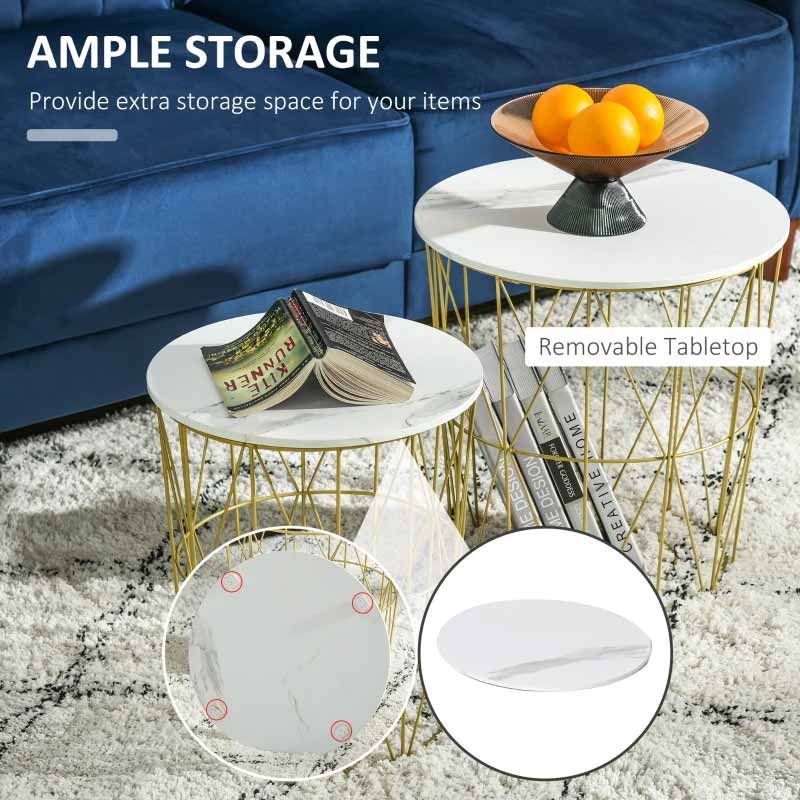Nesting Side Tables Set of 2 – White Tables with Steel Frame & Removable Top