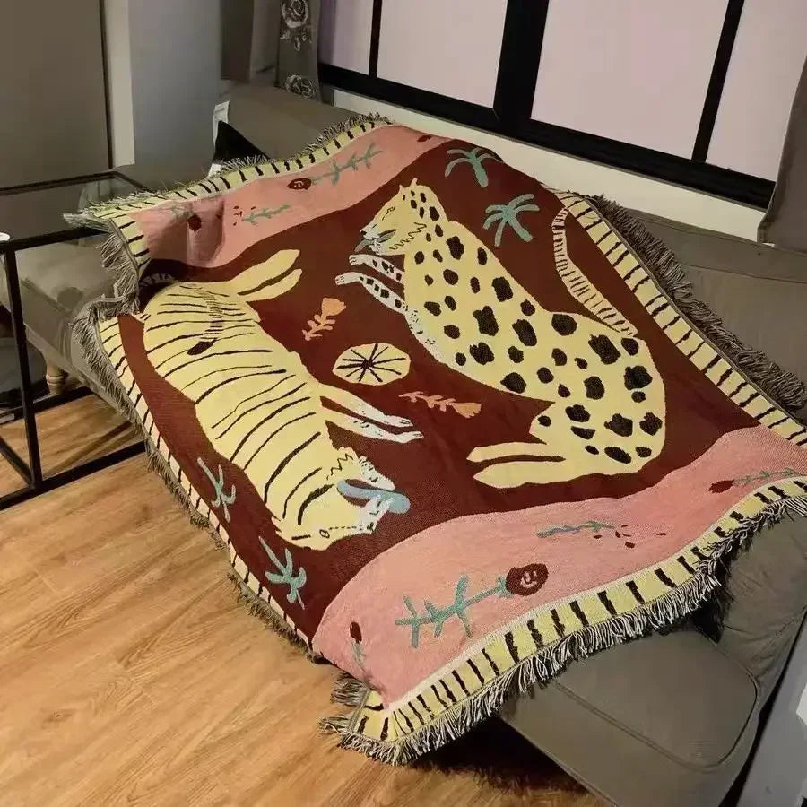 Two Leopard Tapestry Throw Blanket – Woven Cotton Blend Boho Animal Print Blanket for Sofa, Bed & Home Decor