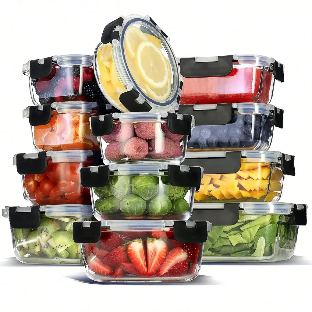 12-piece set of glass food storage containers with lids, airtight leak-proof glass lunch boxes, various sizes and shapes