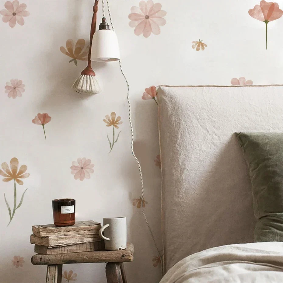 Boho Floral Leaf Wall Stickers – Removable 3D Vinyl Decals for Kids' Nursery & Home Decor - Pink Flowers