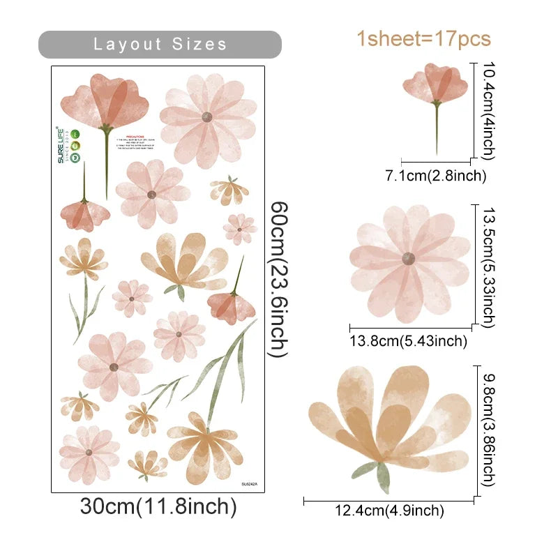 Boho Floral Leaf Wall Stickers – Removable 3D Vinyl Decals for Kids' Nursery & Home Decor - Pink Flowers