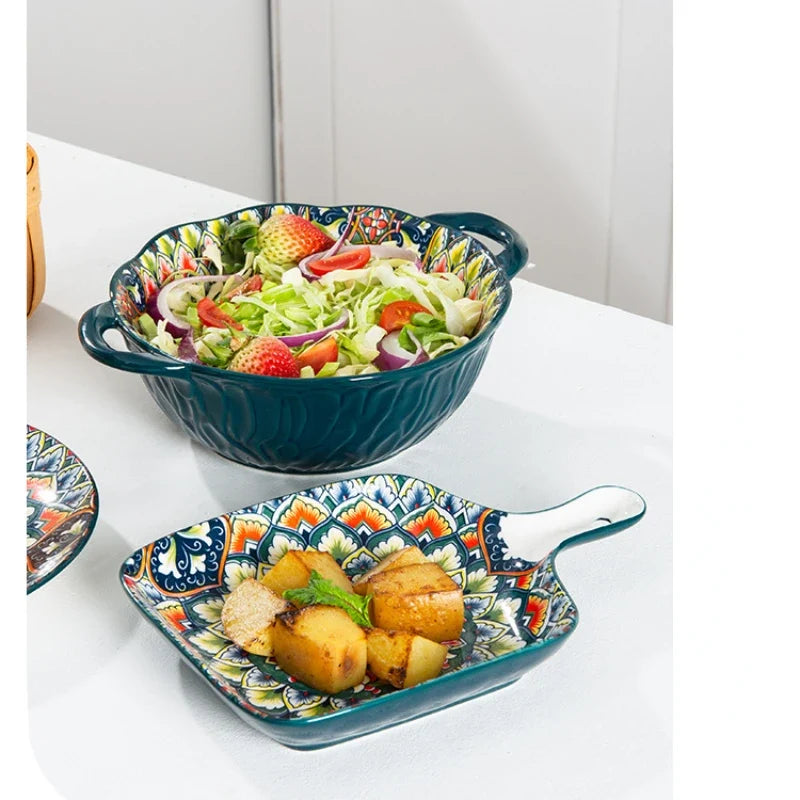 Boho Floral Green Ceramic Plate or Bowl – Retro Dinnerware for Breakfast, Salad, or Soup