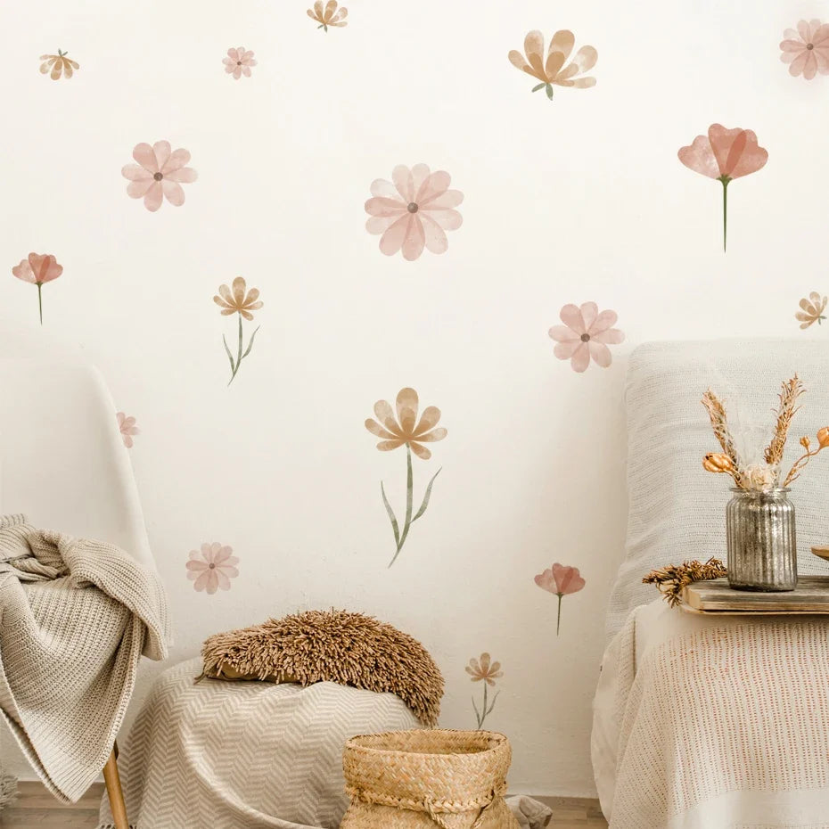 Boho Floral Leaf Wall Stickers – Removable 3D Vinyl Decals for Kids' Nursery & Home Decor - Pink Flowers