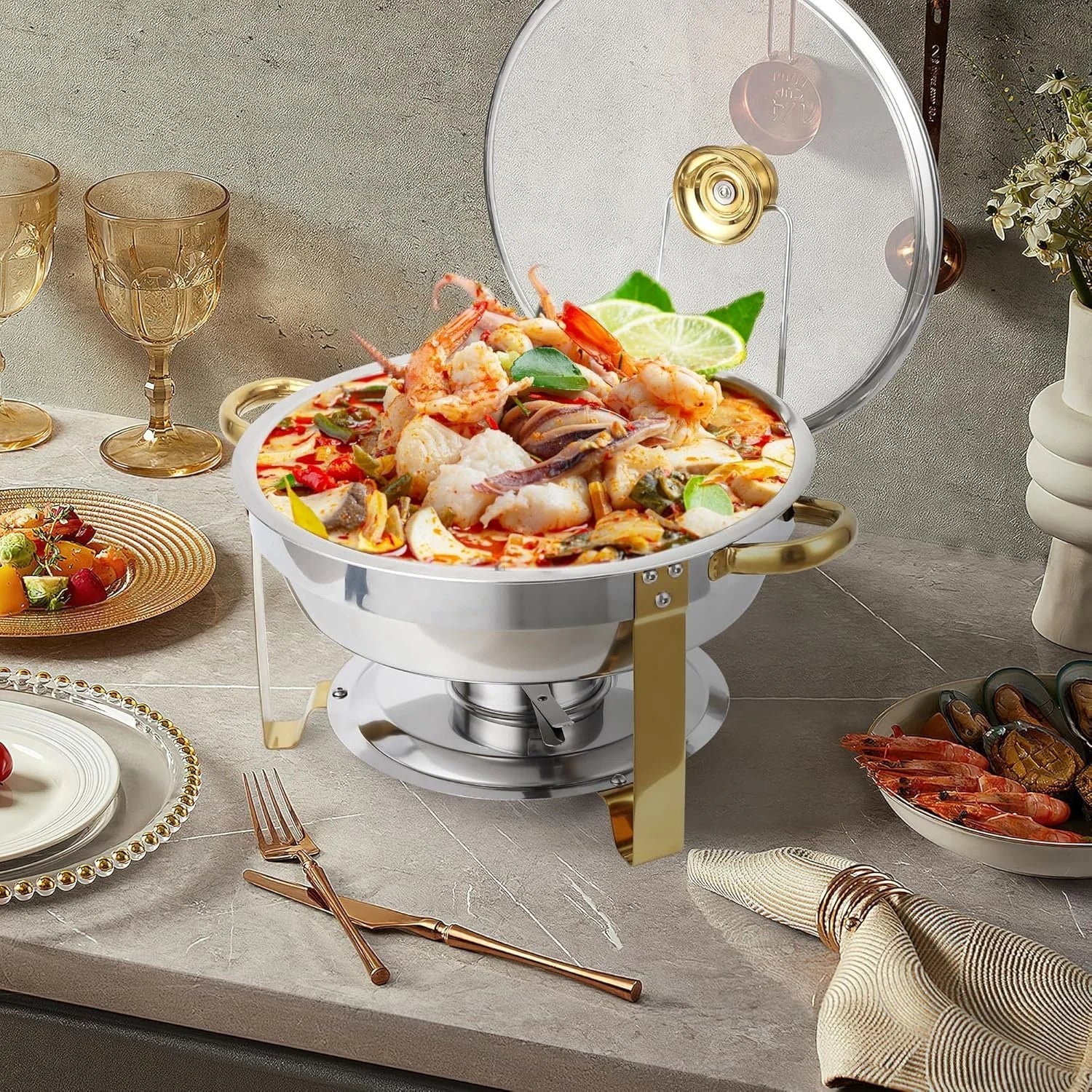 2/4 Pack Chafing Dish Buffet Set, 5QT Buffet Servers and Warmers, Round Catering Warmer with Glass Lid & Lid Holder for Party