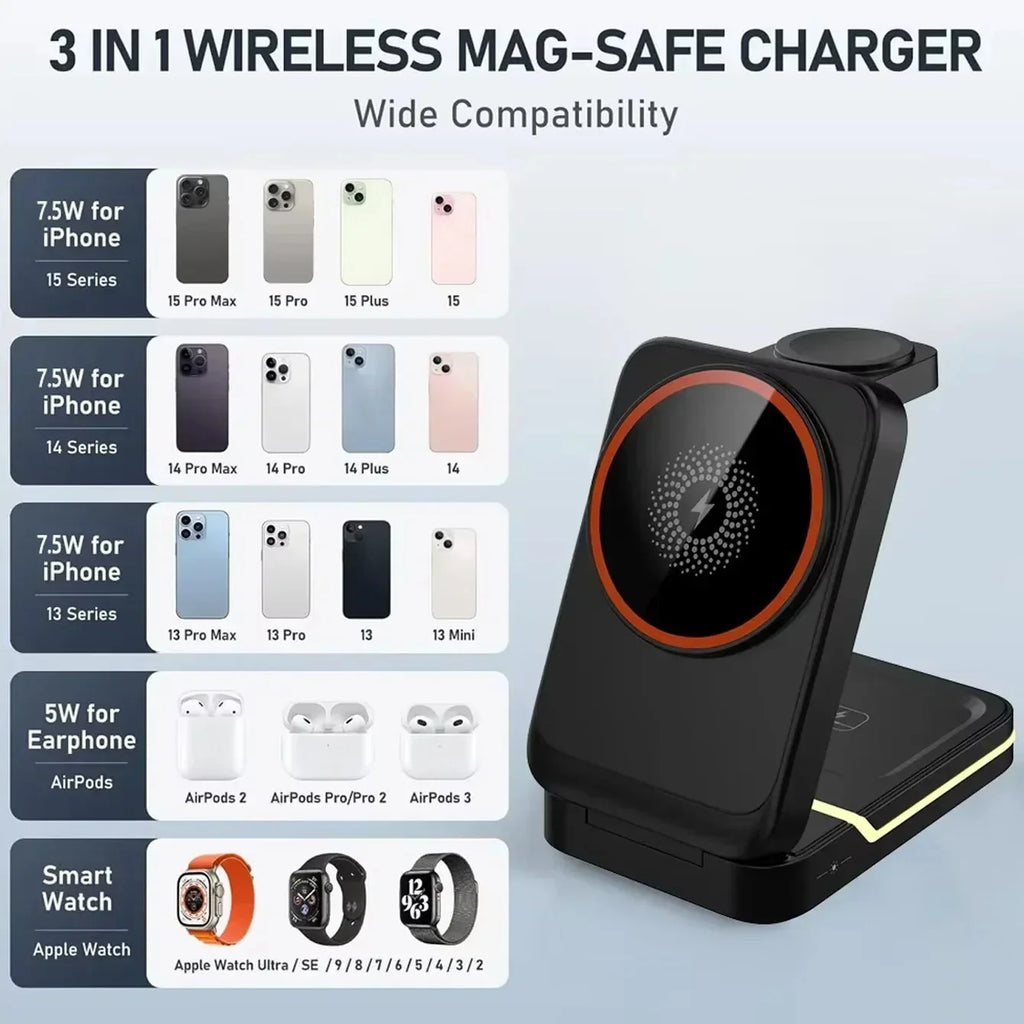 ⚡ 3-in-1 Magnetic Foldable Wireless Charger – MagSafe Travel Charging Stand